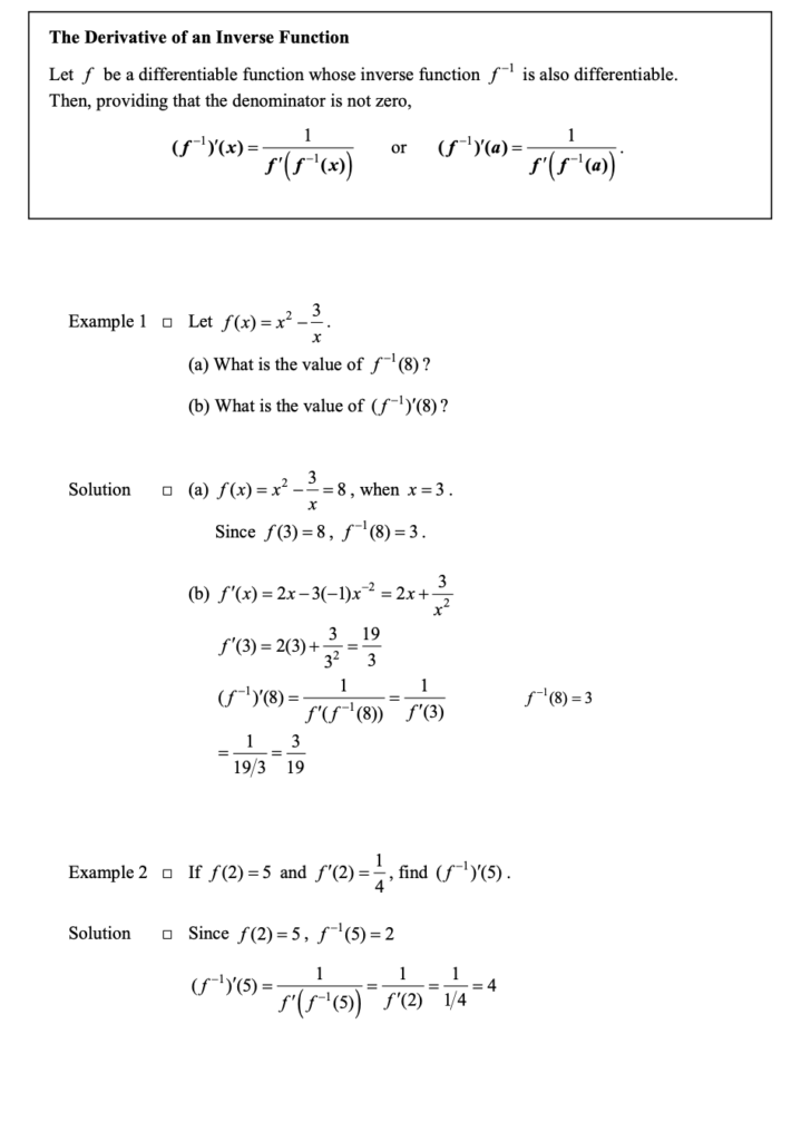Derivatives of an Inverse Function in Differentiation